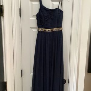 Long navy gown with gold and navy beads, size  6